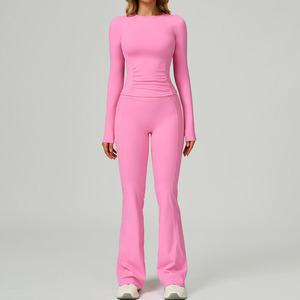 Ensemble de yoga 2 pièces pour <span class=keywords><strong>femme</strong></span>, en nylon/spandex, séchage rapide, sans couture, respirant, manches longues, écologique, effet push-up, pantalon de <span class=keywords><strong>sport</strong></span> à pattes d'éléphant - Product Image 5