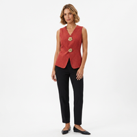 Rompi Wanita Desain Khusus Warna Merah V-Neck Tanpa Lengan dengan Kancing Bunga Dekoratif, Slim Fit, Elegan, Kasual, untuk Pakaian Bisnis