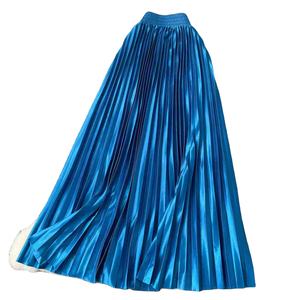 Falda Midi de Satén con Corte en A para Mujer, Cintura Alta Elástica con Perlas, Diseño Plisado Brillante y Elegante para Primavera - Product Image 3