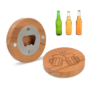 Wooden Round Shape Bottle Opener Coaster Fridge Magnet Decoration Beer Bottle Opener