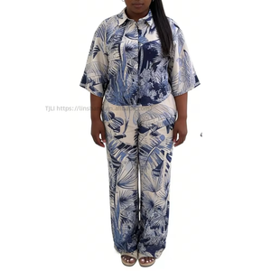 Women's Tropical Print 2 Piece Set - 3/4 Sleeve Button <b>Down</b> Shirt & Wide Leg <b>Pants</b> African Women Sets Fashion - Product Image 3