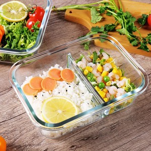 Lonchera de vidrio rectangular con 2 compartimentos, apta para microondas, contenedor de almacenamiento de alimentos para trabajadores de oficina - Product Image 1