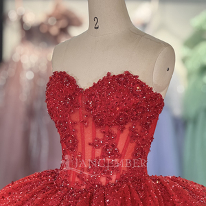 Vestido de Quinceañera Estilo Princesa para Boda Rojo Brillante con Escote Corazón, Lentejuelas, Bordado, Cierre de Cordones y Cola Capilla hasta el Suelo, Modelo 1354 - Product Image 5