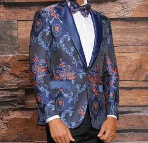 Custom Classic Wedding Men Tuxedo Double Breasted Baroque Blue Floral Suit Jacquard Suit with Matching Bow Tie