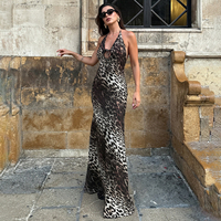 Robe longue Y2K en mousseline à imprimé léopard sexy, sans manches, coupe ajustée, éco-responsable, avec col en V et taille naturelle