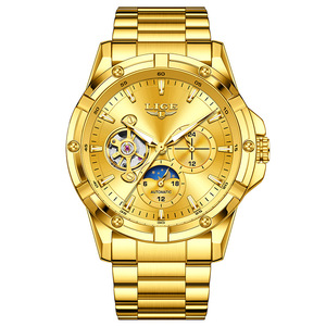 Reloj mecánico automático Lige para hombre, correa de acero inoxidable dorada, fase lunar, resistente al agua, luminoso, multifuncional - Product Image 6