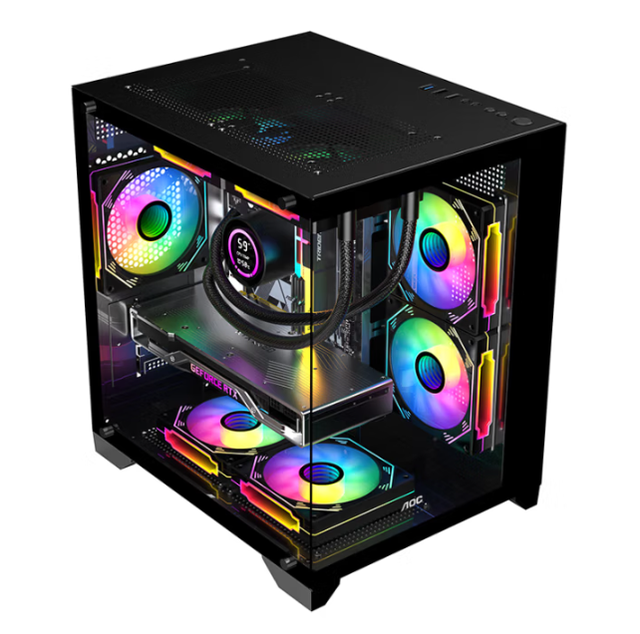 AOC Black Gaming Computer Case Sea View Room Case Double-Sided Glass/Support MATX Motherboard/240 Water Cooling/7 Fan Positions