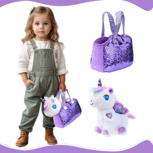 Mor <span class=keywords><strong>Unicorn</strong></span> peluş geri dönüşümlü pullu evcil hayvan taşıyıcı çanta Sparkle küçük kızlar için yumuşak doldurulmuş hayvan taşıyıcı oyuncak çanta - Product Image 2