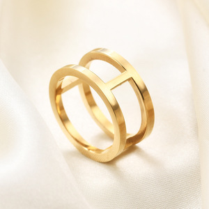 Bague double géométrique en acier doré 10MM, bague unisexe tendance, bijou cadeau - Product Image 2