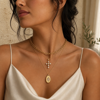 Kalung Berlapis Mutiara Air Tawar Zirkon Berlapis Emas 18K Stainless Steel Rantai Link Unisex Liontin Salib Oval Bintang Perhiasan