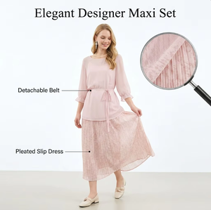 CHIU SHUI Elegant Designer Two-Piece Maxi Dress Set: Chic Pleated Slip Dress and <strong>Flowy</strong> <strong>Top</strong> - Product Image 2