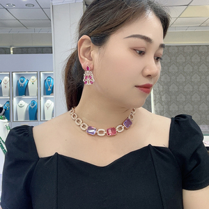 Thời Trang Cao Cấp Màu Tím Đỏ Vuông Vòng Cổ Bông Tai Hai-Mảnh Thiết Lập Brass Zirconia Của Phụ Nữ Buổi Tối Ăn Mặc Phụ Kiện - Product Image 1