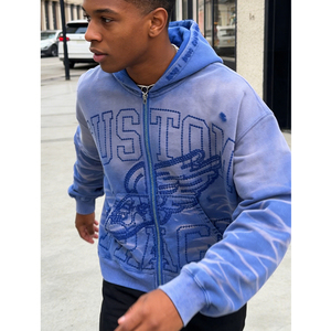 Sweat à capuche pour homme, style streetwear, personnalisé avec un motif brodé, effet tie-dye, fermeture éclair, vintage, délavé, coupe ample, 400 GSM, poids lourd - Product Image 2