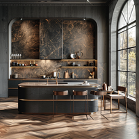 Gabinetes de Cocina de Madera Contrachapada con Chapa de Madera Oscura, Isla con Cascada de Mármol, Fregadero Dorado, Iluminación LED, Almacenamiento, Estilo Industrial de Lujo