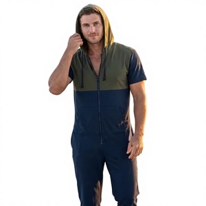 Color Block Summer Knitted Men Jumpsuit Hooded Zip Front Romper Short Sleeve Casual Unisex Beachwear Coverall - Product Image 6