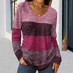 เสื้อยืดแฟชั่นลำลองผู้หญิง คอวี แขนยาว คุณภาพสูง ดีไซน์สีตัดต่อ - Product Image 3