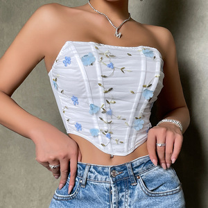 Corsé <span class=keywords><strong>de</strong></span> malla floral 3D con varillas, top tubo sin tirantes <span class=keywords><strong>para</strong></span> mujer, bustier fruncido con dobladillo asimétrico, atuendo sexy Y2K <span class=keywords><strong>para</strong></span> salir <span class=keywords><strong>de</strong></span> discoteca 2026 - Product Image 3