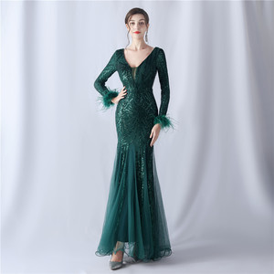 Strich Feathers Net Weave đính cườm Gown sequined Evening DRESS A-line với V cổ và beading eo tự nhiên thanh lịch lãng mạn gowns - Product Image 2