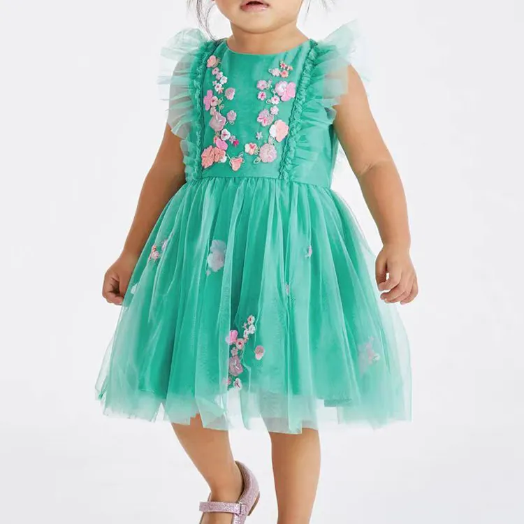 उच्च गुणवत्ता वाले बेबी ग्रिल ट्यूल ड्रेस रफ़ल आस्तीन के साथ ट्युल कपड़े कपड़े