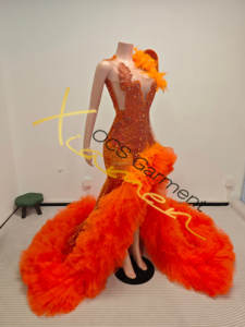 Ocstrade One Piece Custom Split <strong>Orange</strong> Beaded Rhinestone Evening <strong>Dress</strong> Gown With Ornate Floral and Dramatic Ruffled Tulle Train - Product Image 4