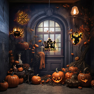 Décorations lumineuses suspendues pour Halloween, ornements LED pour fenêtres et portes, citrouille, château, fantôme, toile d'araignée, chauve-souris, chat, sorcière - Product Image 2