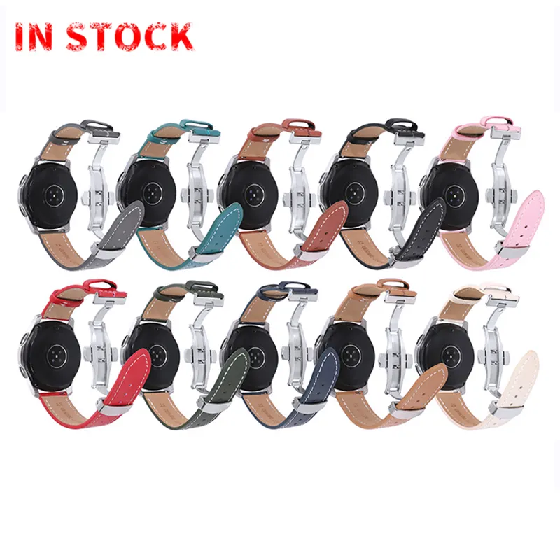 IN STOCK Wholesale Genuine Leather Quick Release 20 22mm Watch Strap for Smart Watch Band with butterfly Deployment Clasp loop