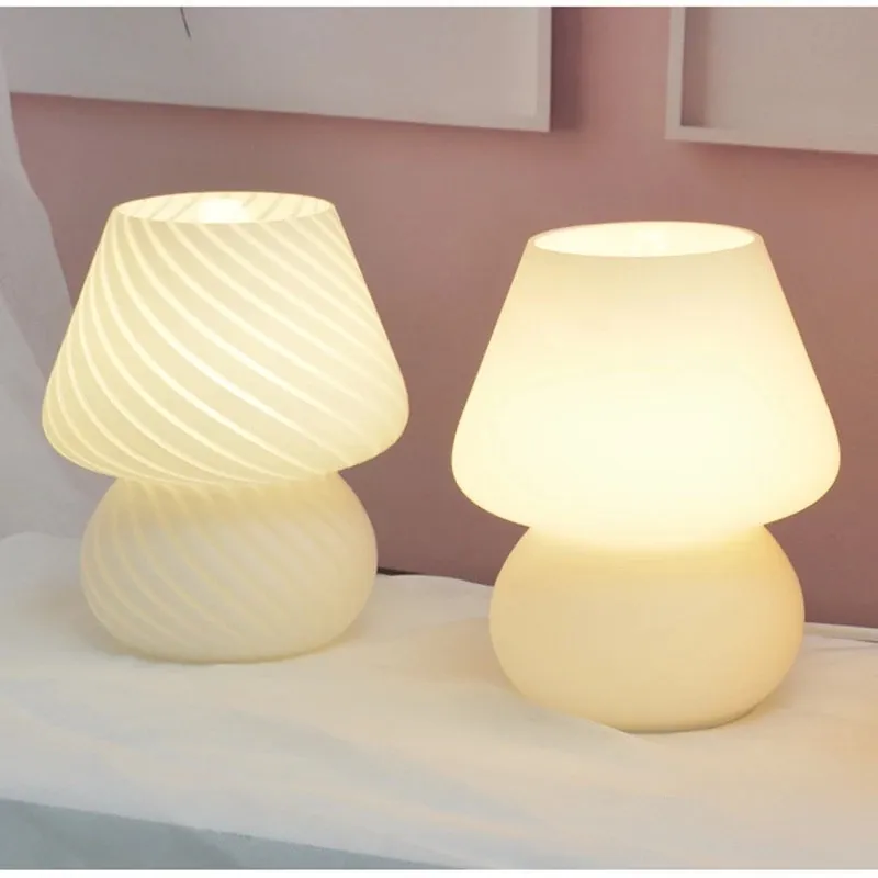 Glass LED Desk Light For Bedroom Bedside Korean Ins Style Striped Mushroom Table Lamp Decor Cute Glass Translucent Bedside Lamp