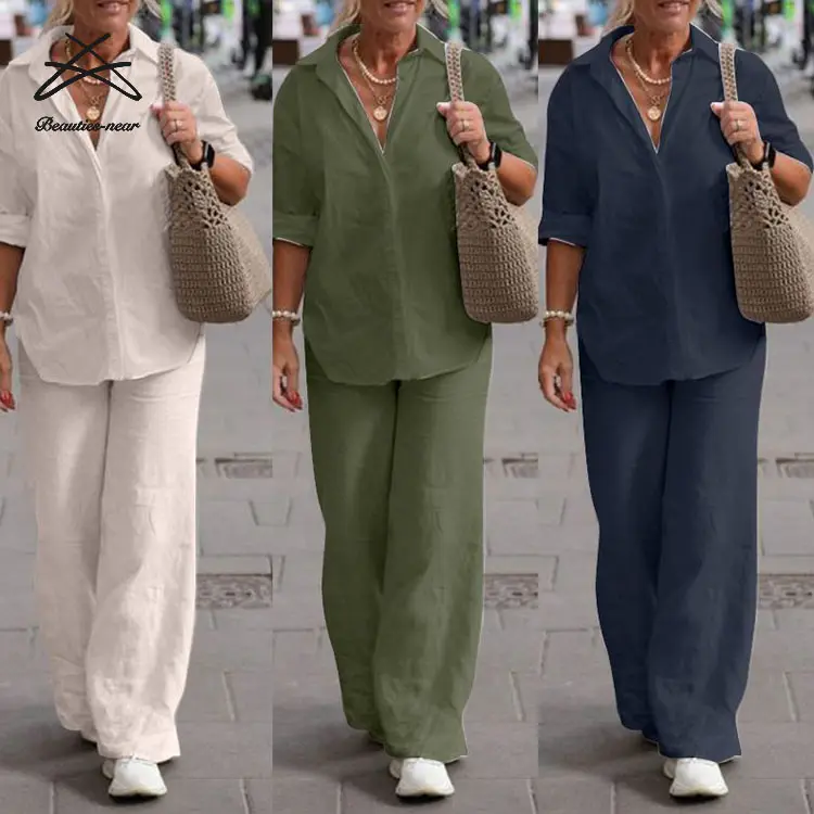 Conjunto de logotipo personalizado, conjuntos femininos de tamanho grande para mulheres, camisa de linho algodão casual, blusa, perna larga, conjunto de 2 peças