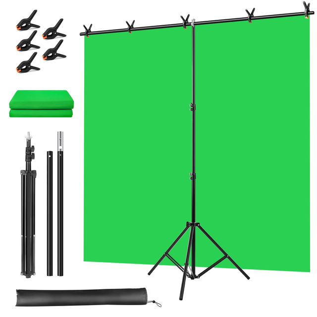 5x6.5ft /1.5x2m Portable Green Screen Backdrop Kit with T-Shaped Stand, 5 Clamps & Carrying Bag for Photography Live Streaming