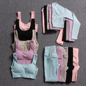 3PCS Active Wear Tights Ribbed Yoga <strong>Leggings</strong> Long Sleeve Workout Shirts and Activewear Sets <strong>for</strong> <strong>Women</strong> Yoga Suit - Product Image 1