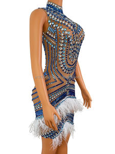 Blue Wave Tight Elástico Malla Borla Sin mangas Cuello alto Vestido de noche sexy Vestido de rendimiento Latino - Product Image 3