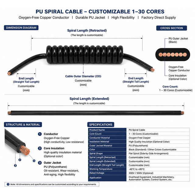 Customizable Length 1-30 Core Flat PU Spiral Cable Oxygen-Free Copper Conductor High Flexibility Coiled Cable for Overhead