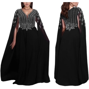 เดรสยาวผ้าชีฟองประดับคริสตัลแบบซีทรู คอวี แขนยาว สไตล์ตะวันออกกลาง รุ่นใหม่ล่าสุดสำหรับผู้หญิง - Product Image 1