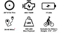 Vélo de montagne électrique personnalisé OEM 2026, pneu gras de 26 pouces, 750 W, 7 vitesses, cadre en aluminium, freins à disque, moteur à moyeu arrière, double batterie