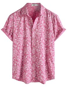 Chemise hawaïenne à manches courtes pour homme, imprimé floral rose, col rabattu, respirante, pour les vacances d'été - Product Image 2