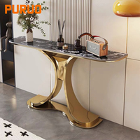 Table console longue et étroite extensible moderne pour entrée et couloir, plateau en pierre, base en acier inoxydable doré, design luxueux pour salon