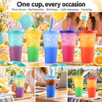 Gobelets en plastique PP réutilisables transparents de couleur arc-en-ciel pour le camping avec couvercle et paille - Sans BPA et écologiques