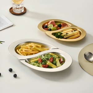 Stainless Steel Double Compartment Plate Silver Gold Small Large Snack Dish Plate For Salad Fries Cold Dishes - Product Image 1
