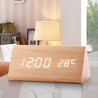 Jam alarm kayu segitiga, arloji kayu Digital LED termometer kayu Kontrol Suara meja despertador reloj bambu