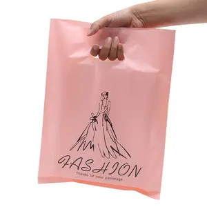 Geri dönüşümlü pembe küçük kol alışveriş çantası sevimli özel LOGO baskı kalıp kesim plastik alışveriş çantası saplı çanta plastik alışveriş çantası