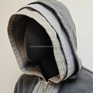 Fabricants de sweats à capuche streetwear TOPSHOW, sweats à capuche personnalisés, blancs, simples, avec fermeture éclair, lavage à l'acide, double trois couches, fermeture éclair, pour hommes - Product Image 2