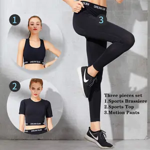 Las mujeres ropa de gimnasio tendencia Jacquard cintura logotipo de la marca sin costuras 3 piezas Yoga sujetador deporte y Fitness polainas