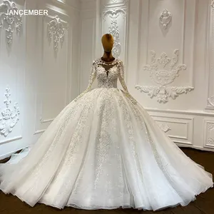 Sparkle Ball Gown Wedding Dress Long Illusion Sleeve Scoop Neck Luxury Beaded Bride Dresses Custom Made Lscj11-2