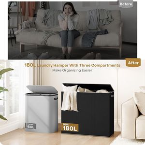180L lớn giặt <span class=keywords><strong>Hamper</strong></span> 3 phần với nắp túi có thể tháo rời tùy chỉnh đóng mở gấp quần áo bẩn giặt giỏ tổ chức - Product Image 3