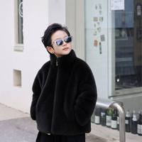 Manteau d'hiver chaud pour bébé à col mandarin, pour garçons et filles, en polyester écologique avec bordure en fausse fourrure épaisse et imprimé léopard