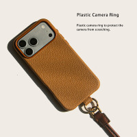 Étui en cuir PU pour iPhone 17 Pro avec bandoulière – Coque de protection antichoc à texture grainée