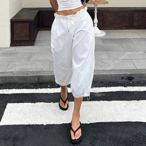Basic Solid Color Breathable Eco-Friendly Spandex/Polyester Canvas Mid Waist Loose Fit Cuffed Drawstring Knee Length Pants - Product Image 5