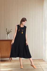 Robe longue d'été en lin et coton pour femme, manches courtes, col en V, taille naturelle, coupe trapèze, tunique ample écologique, caftan, vente en gros B2B - Product Image 4
