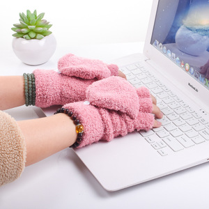 Cute Women's Winter Flip Top <b>Wool</b> Fingerless Gloves Warm Half Finger Thickened Cotton Pink Black Gray Coffee Khaki - Product Image 4