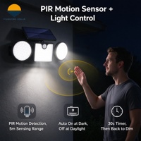 Lampe solaire murale pour patio et jardin, ronde, 3 têtes, 400LM, 260 LED, capteur PIR, contrôle de la lumière, micro-lumière, IP65, étanche, ABS, montage mural